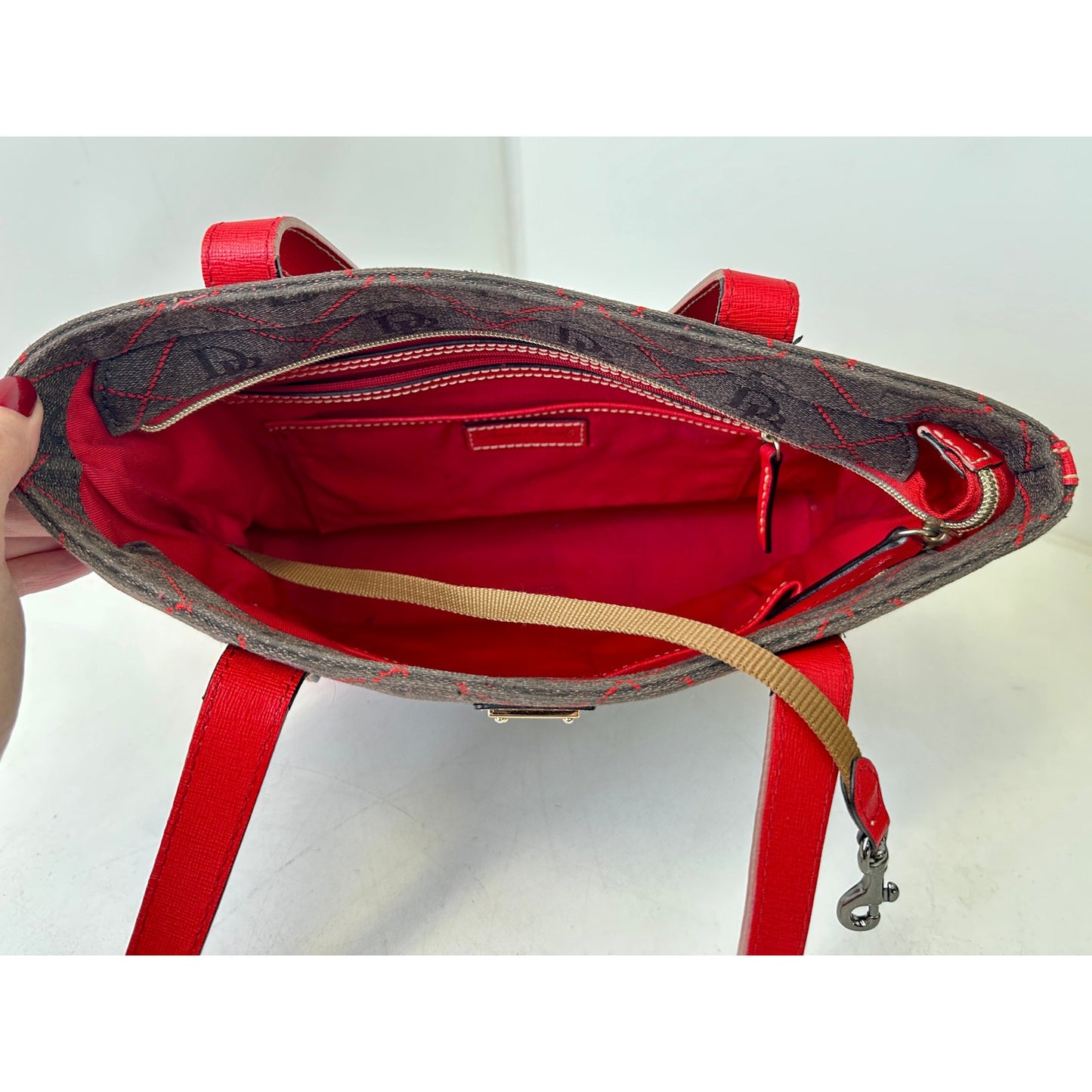 Dooney & Bourke Gretta Signature Brown / Red Monogram Coated Cotton Purse