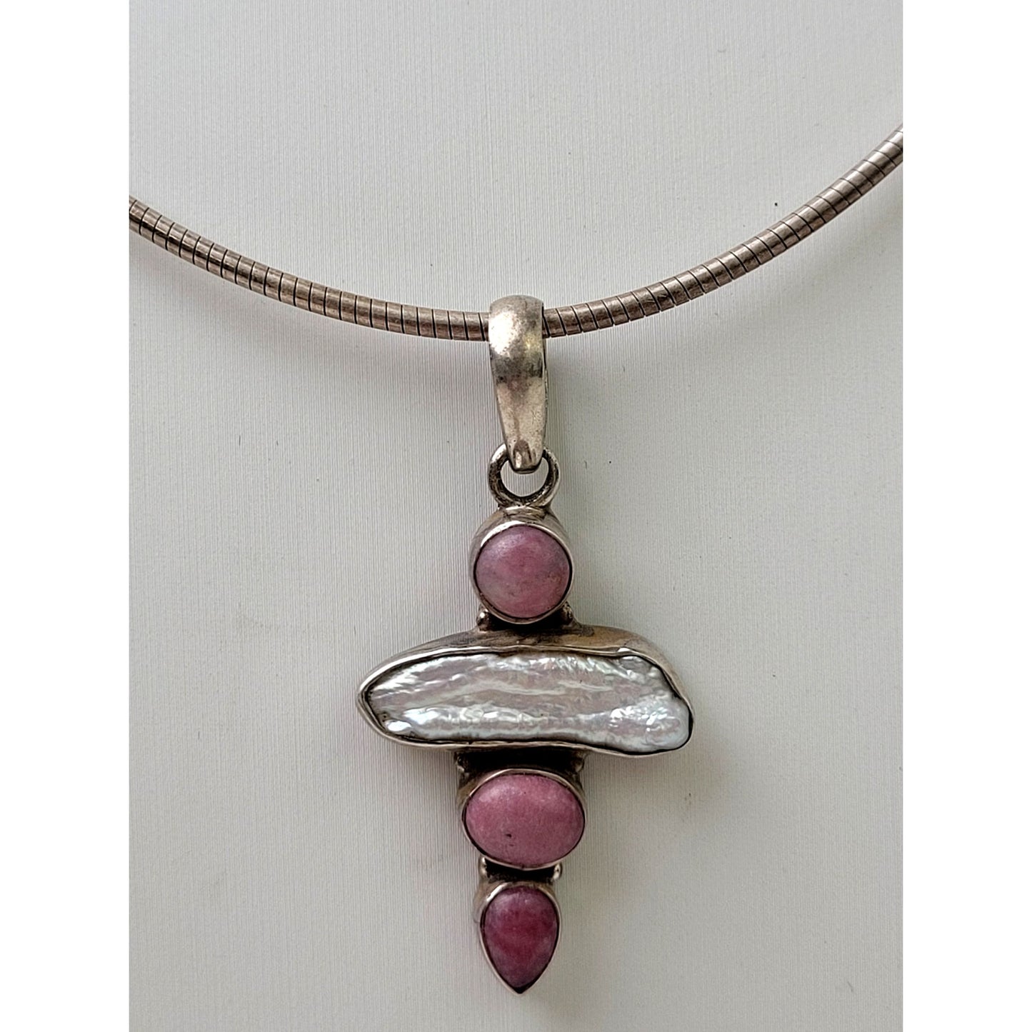 Sterling Silver Rhodocrosite & Baroque Pearl Pendant on 16" Made in Italy Chain