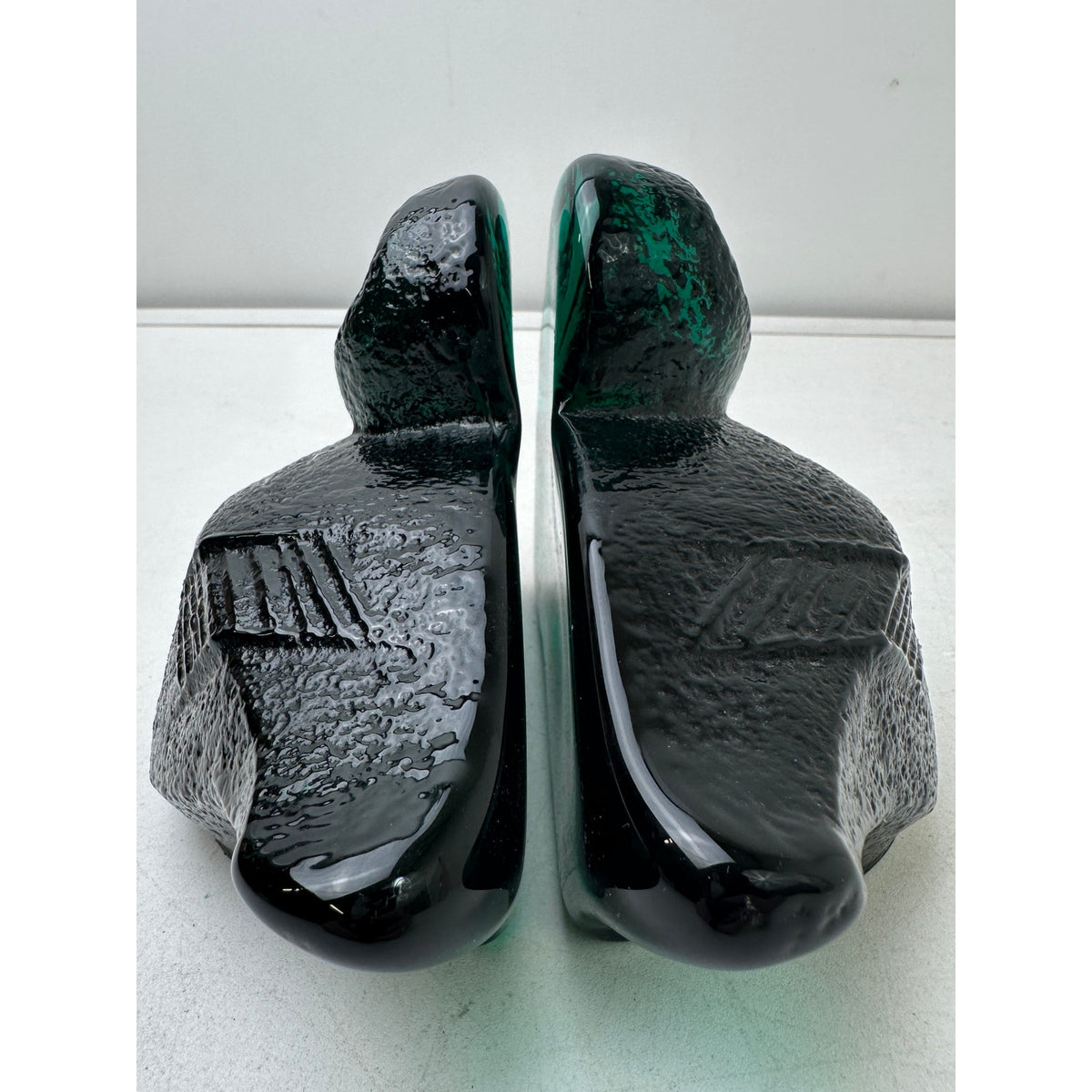 Vintage Blenko Emerald Green Textured Glass Duck Pair of Bookends