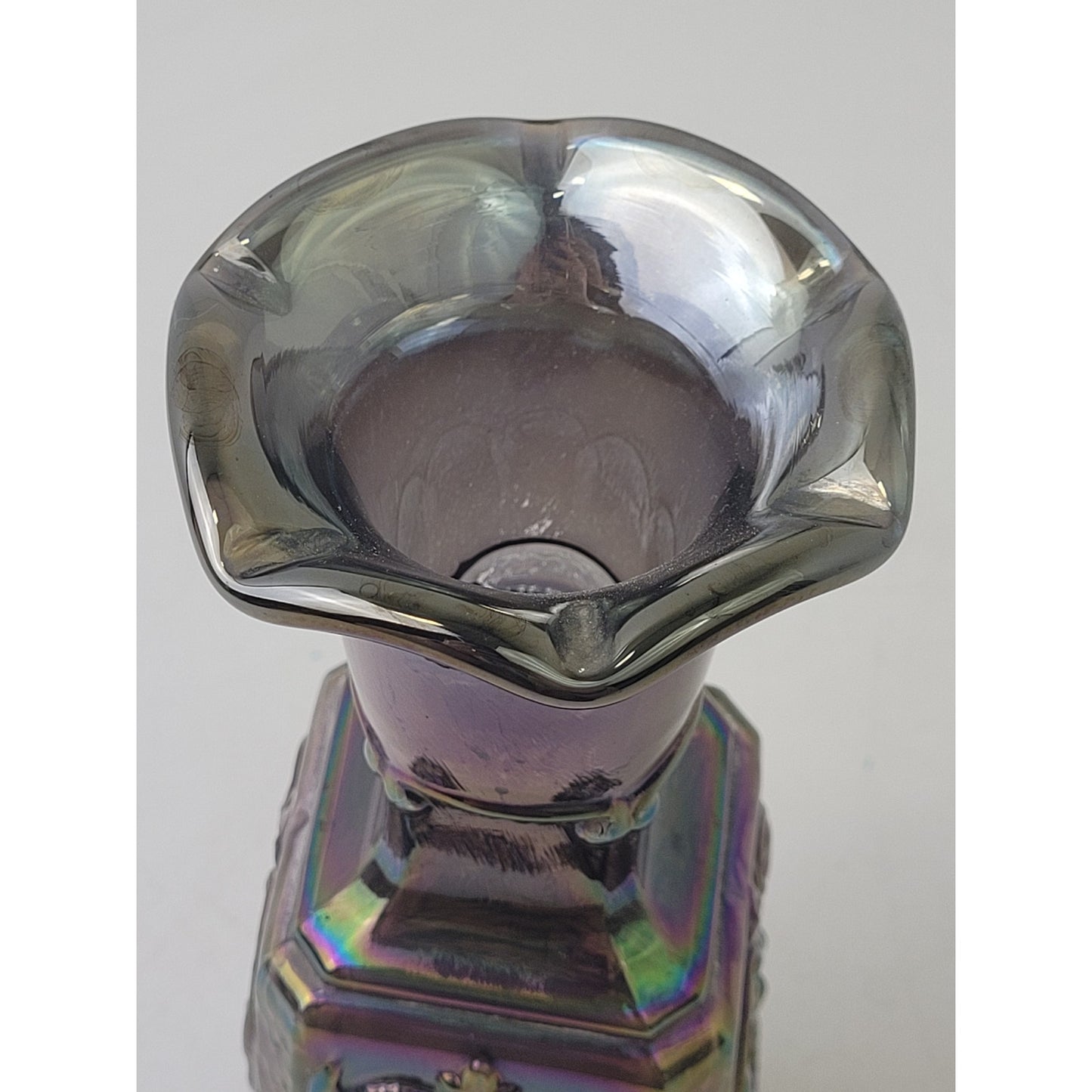 Vintage Amethyst Carnival Glass Jester & Rose Pattern Square Vase EUC