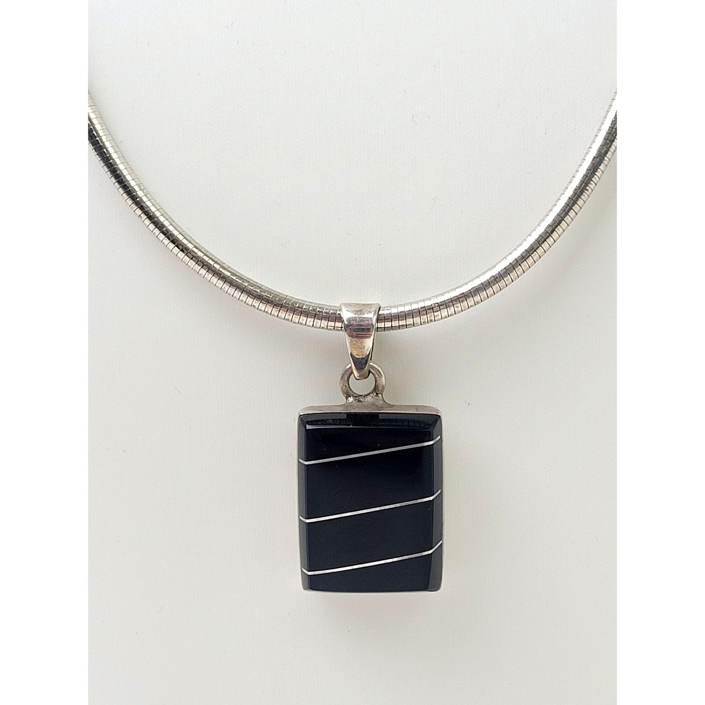 Sterling Silver Thick Chain Made in Italy w SS Black Onyx Pendent Made in Mexico