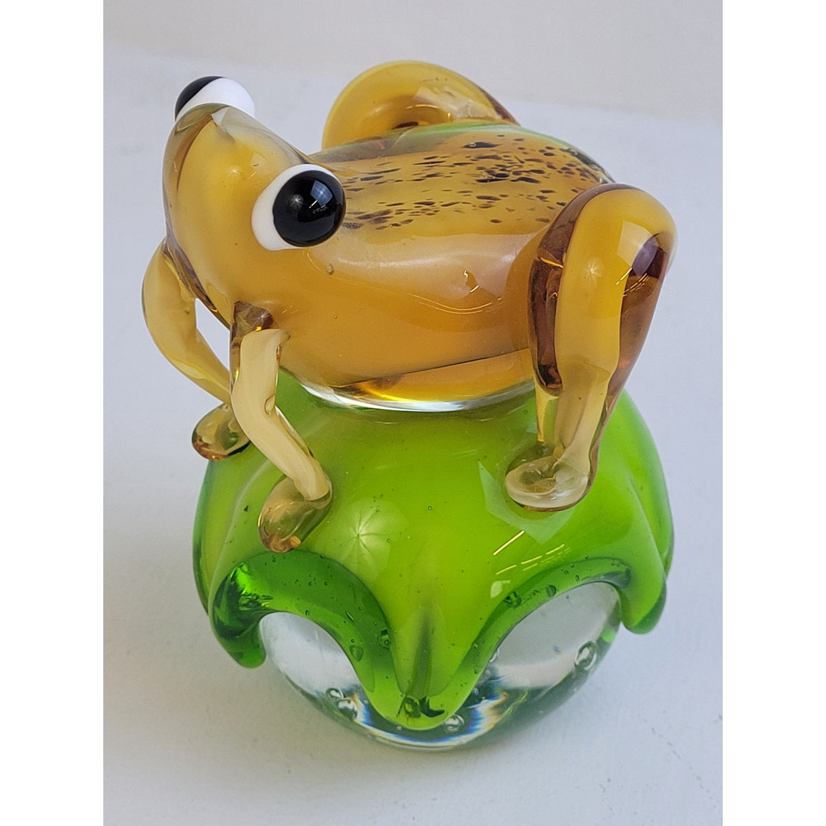 Vintage MCM Murano-Style Art Glass Frog on Lily Pad Green & Yellow