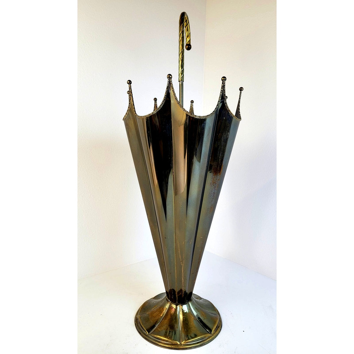 Vintage MCM Hollywood Regency Shaped Brass Plated Weighted Umbrella Stand 29" H