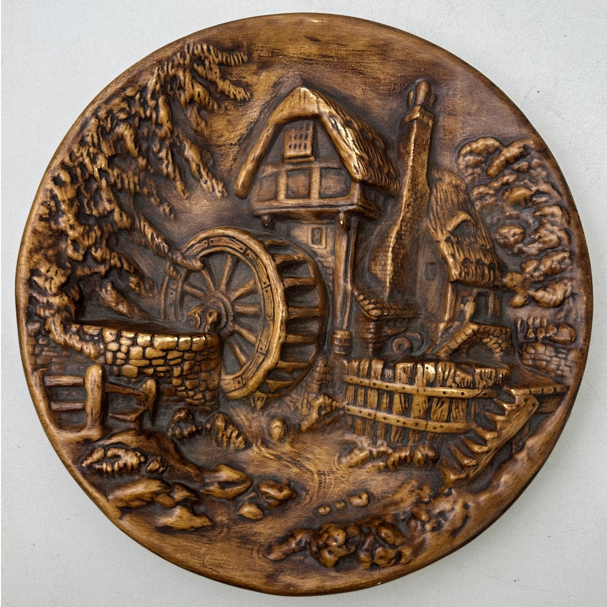 Vintage 3D Chalkware Seaport and Watermill Wall Plaques | Set of 2