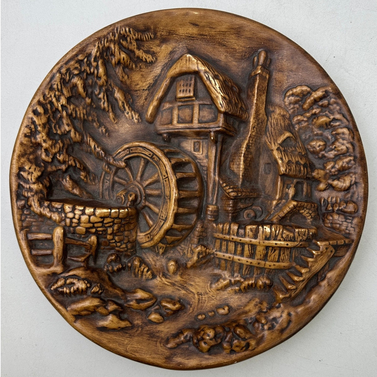 Vintage 3D Chalkware Seaport and Watermill Wall Plaques | Set of 2