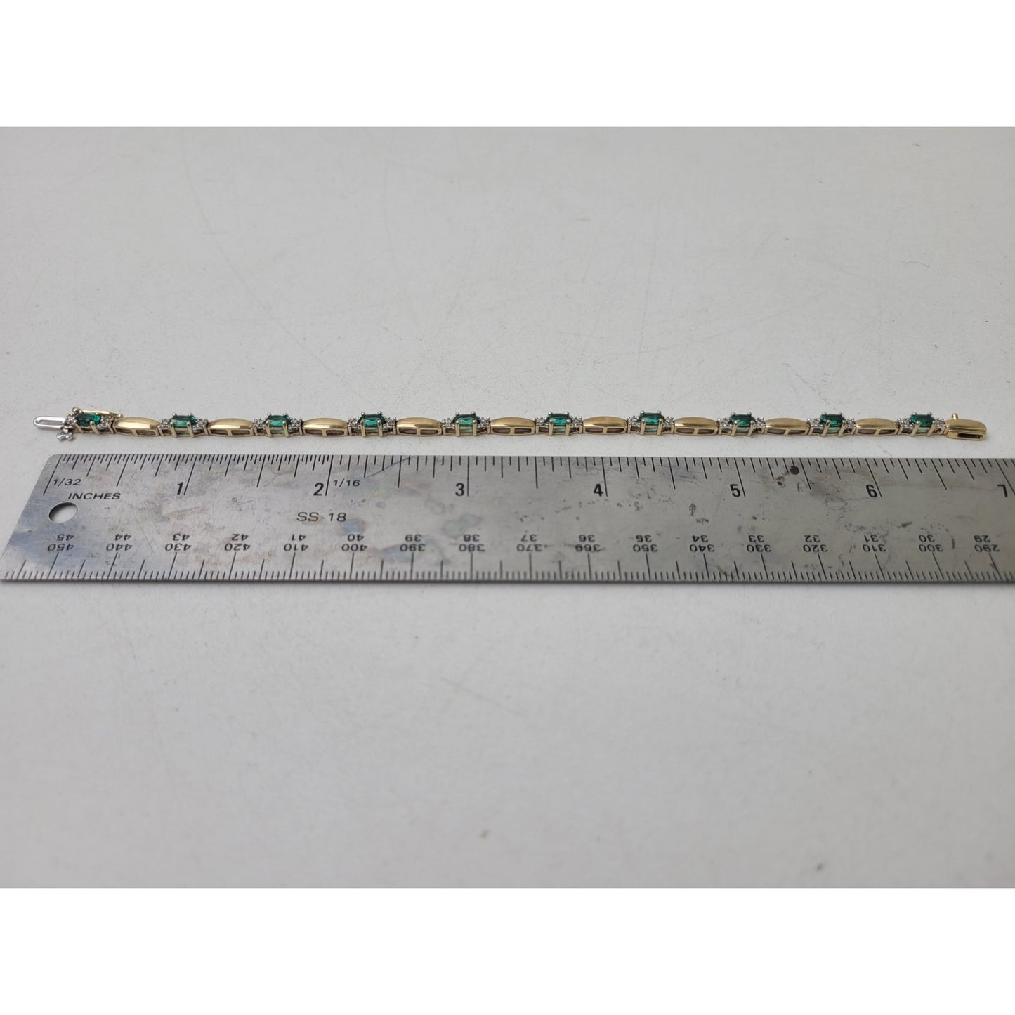 10K Yellow Gold 7" Tennis Bracelet Lab-Created Emeralds & Authentic Diamonds