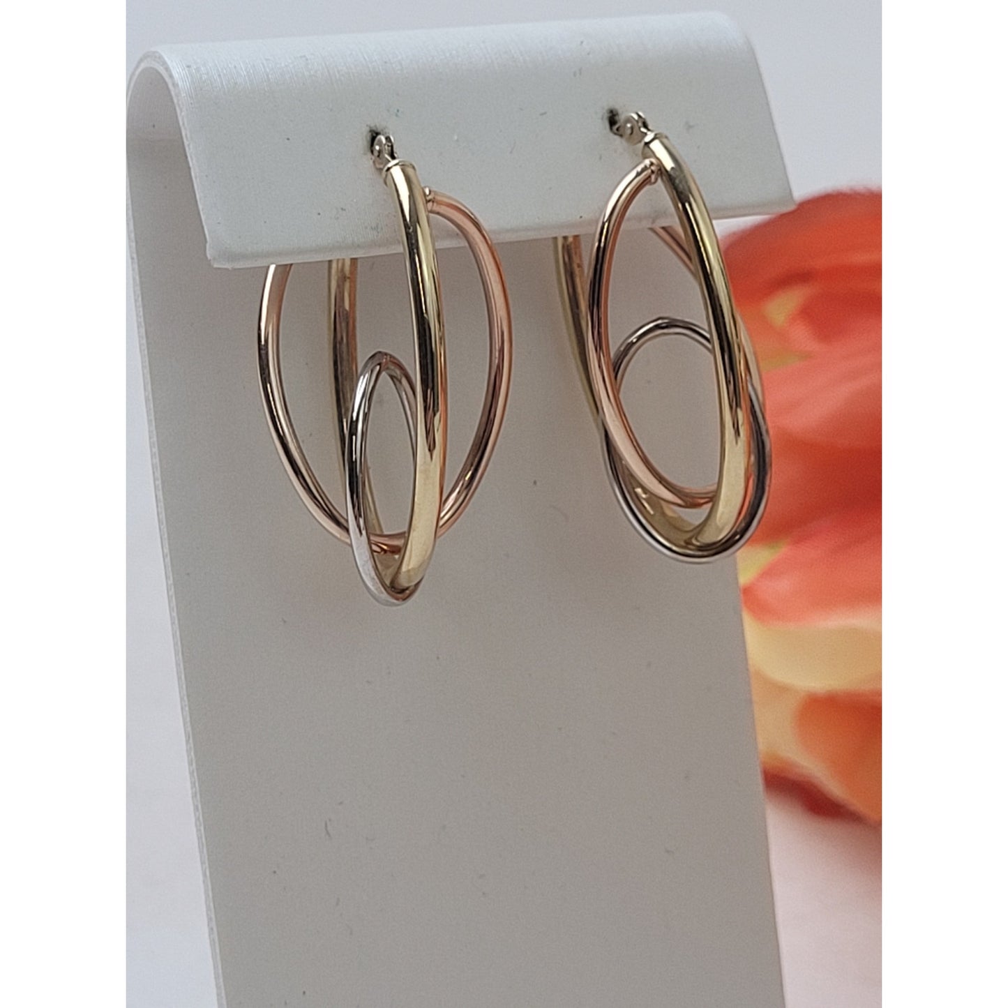 14K Gold Tri-Color Rose Yellow White Multi-Ring Interlocked Hoop Earrings