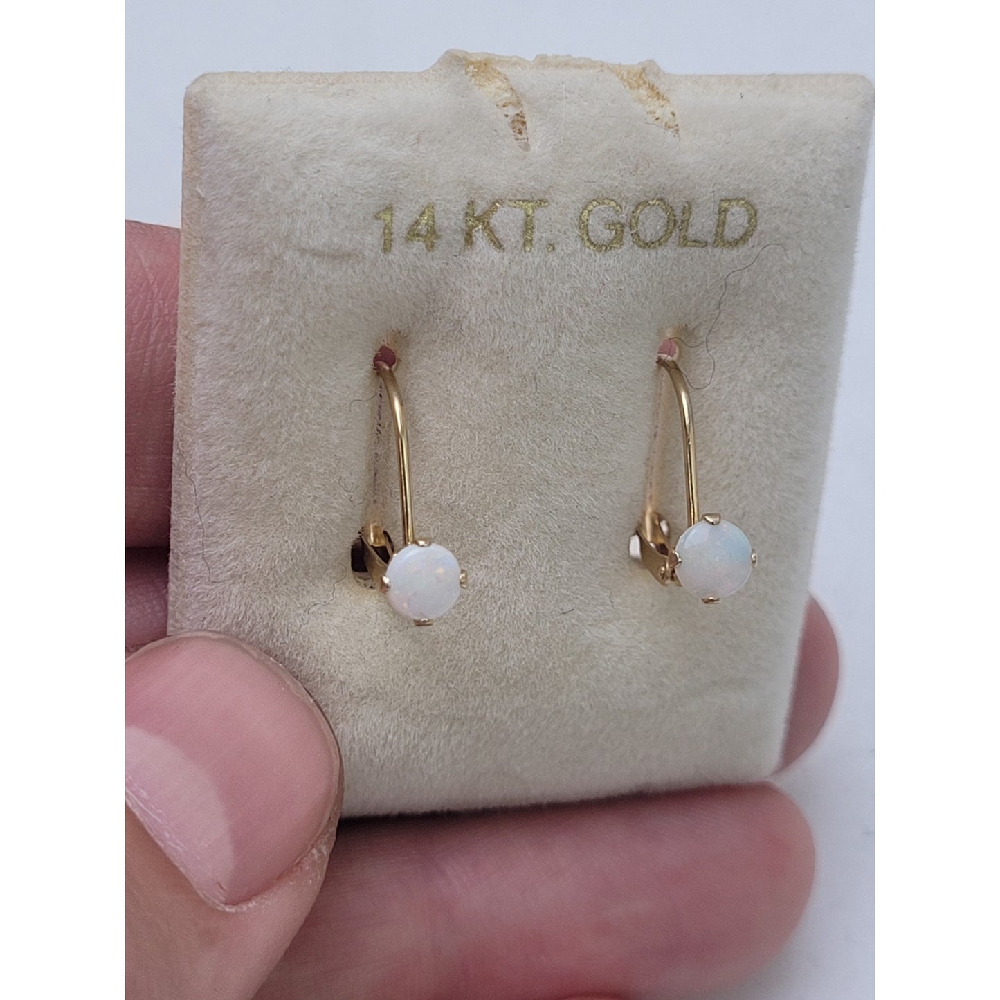 VTG 14K Yellow Gold Opal Dangle Drop Earrings in Box | 15mm Drop