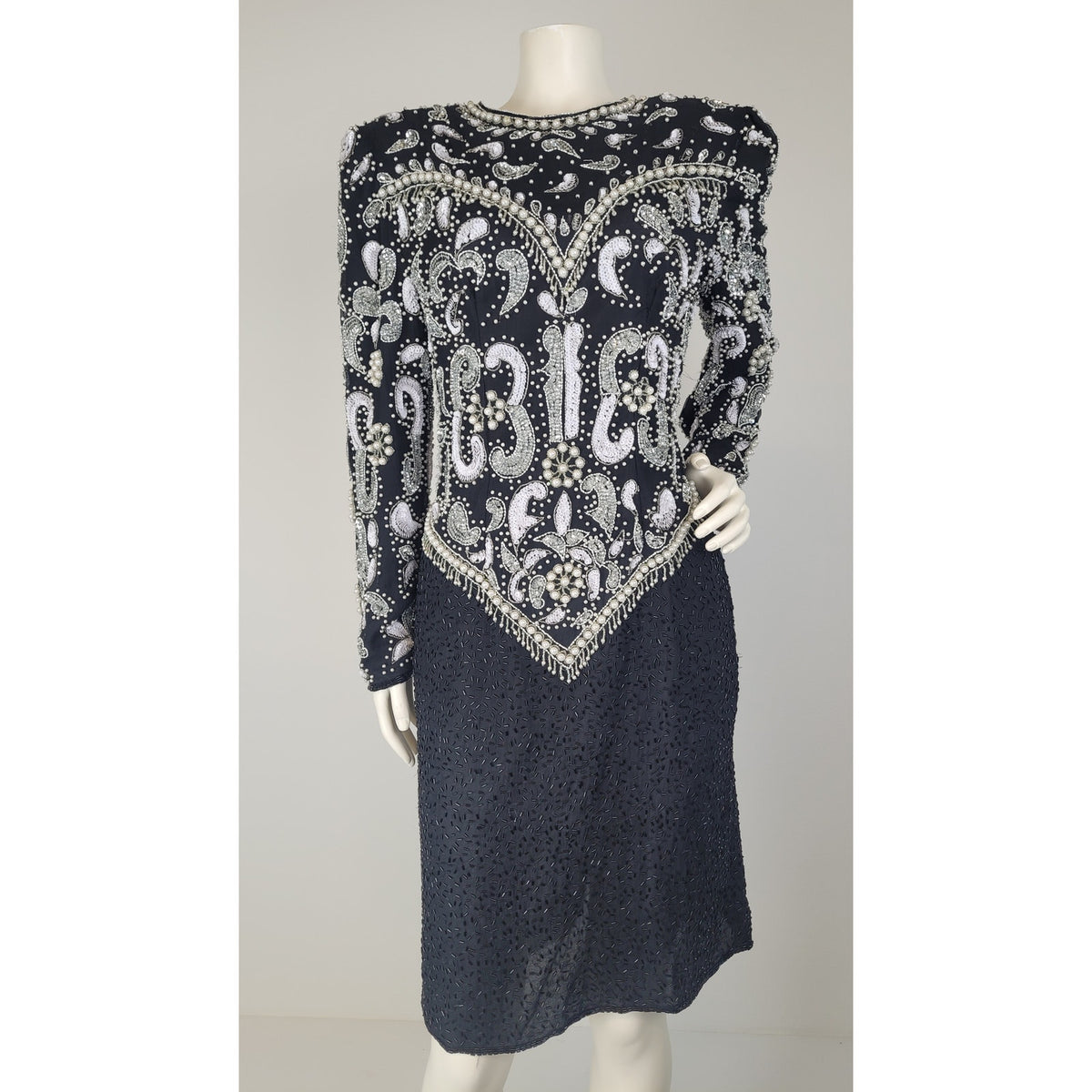 1980s SCALA Milano Paris Silk Beaded Sequined Cocktail Evening Dress Sz S/M