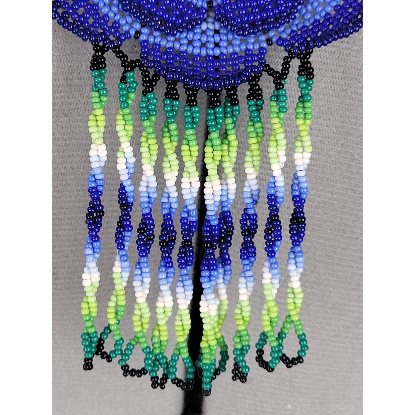Huichol Beaded Flower Necklace Blue & Green Glass Beads