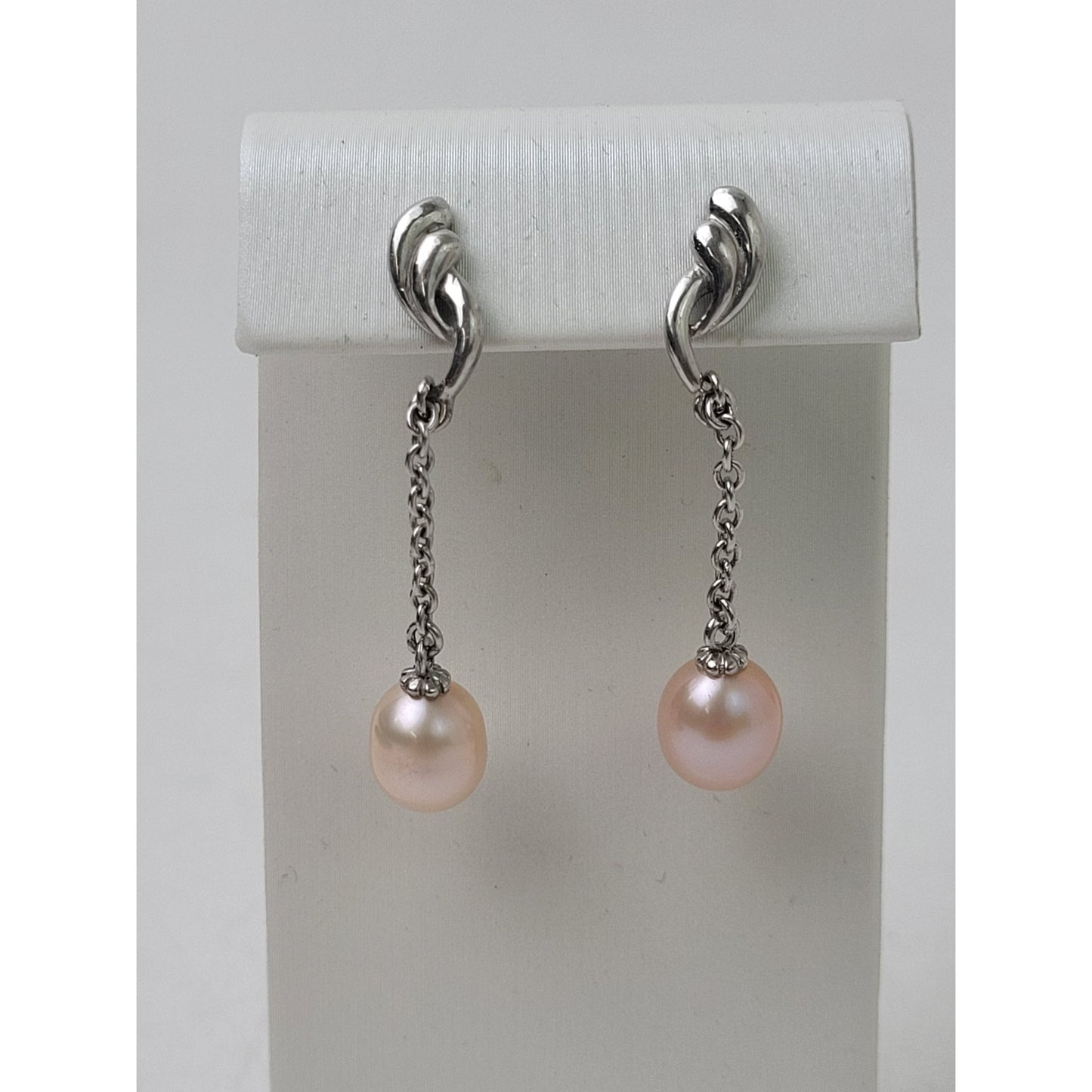 VTG Sterling Silver Drop Dangle Earrings Pink Freshwater Pearls & Chain | 42mm L