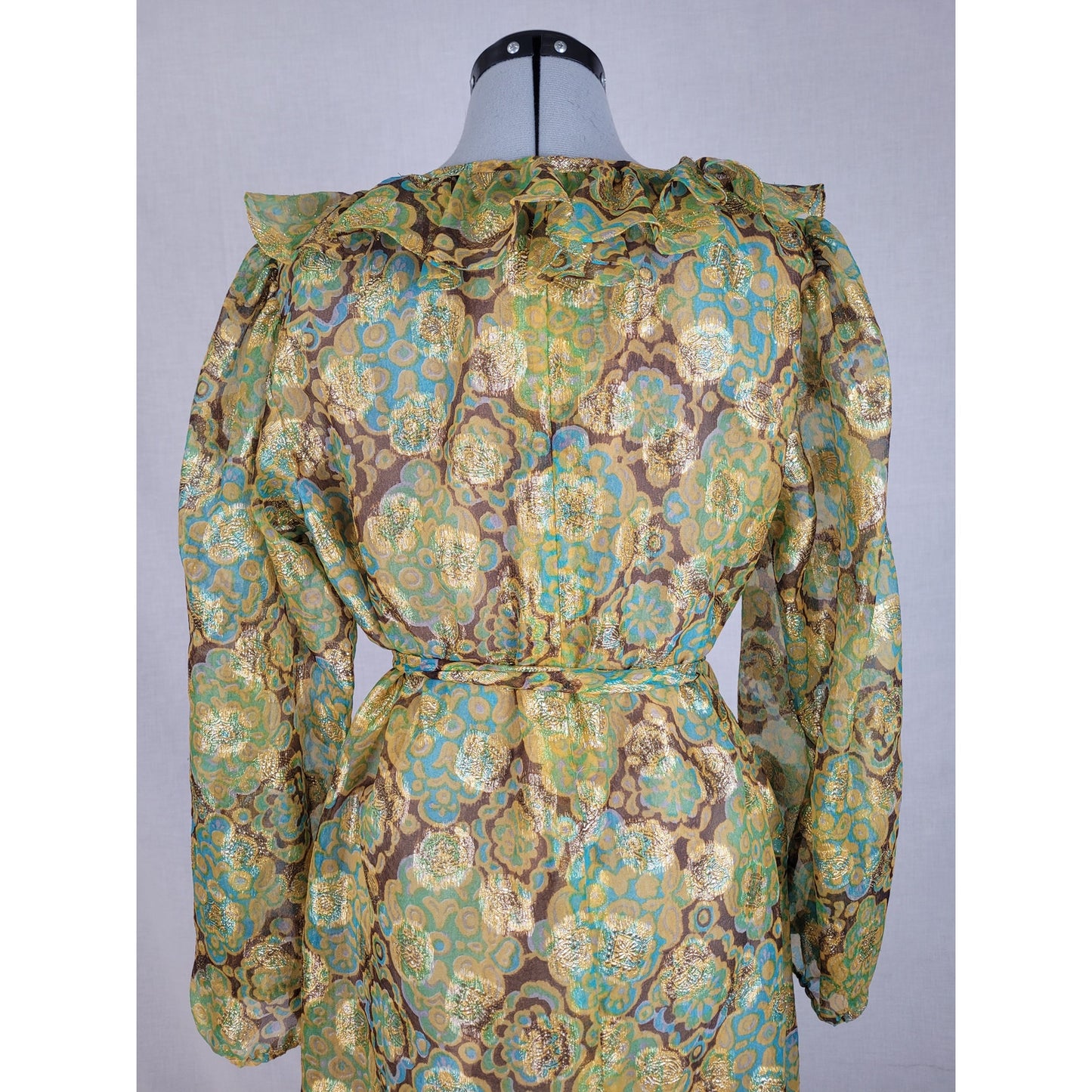 Vintage 1960-70s Adele Simpson Sheer Dress Metallic Fabric Belted Sz S/M