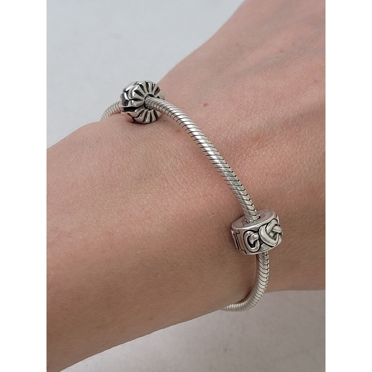 Pandora Moments Heart Closure Snake Chain Bracelet Sterling Silver + Charms