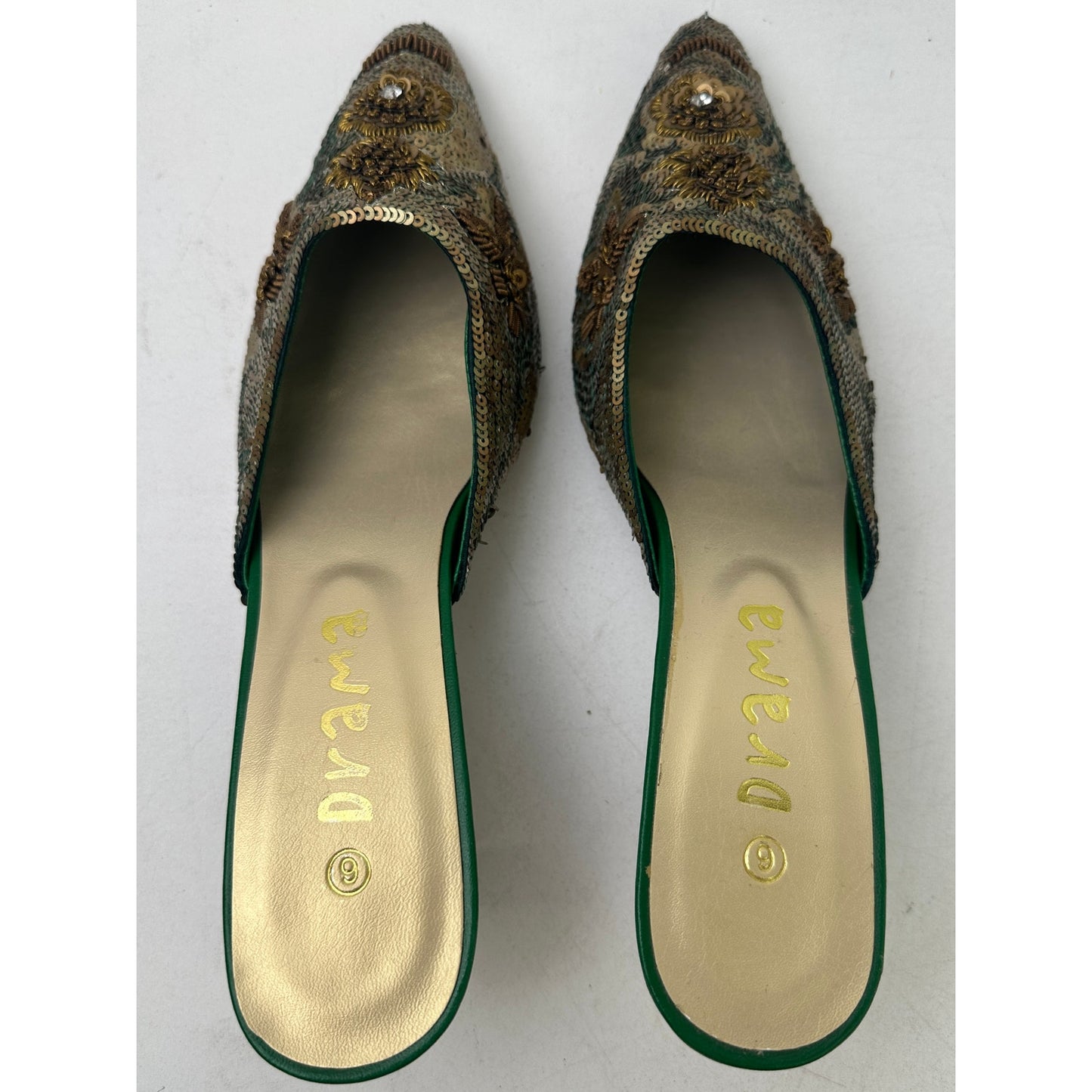 Drama Vintage Gold Beaded Sequin Kitten Heel Mules Women's Sz 9