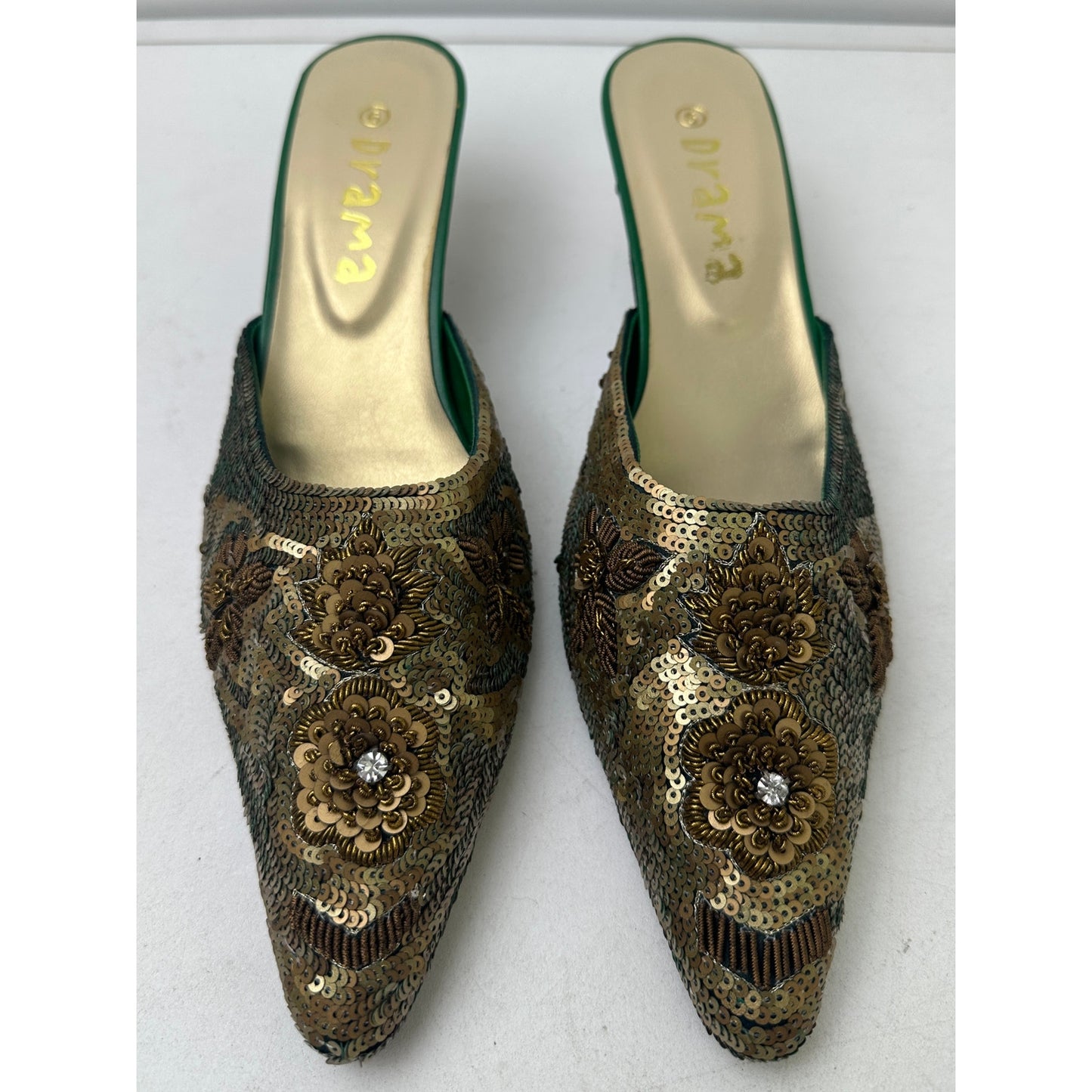 Drama Vintage Gold Beaded Sequin Kitten Heel Mules Women's Sz 9