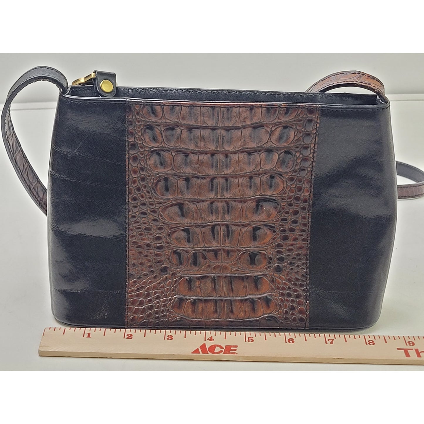 Vintage Brahmin Crossbody Bag in Two-Tone Black & Brown Croc Embossed Leather