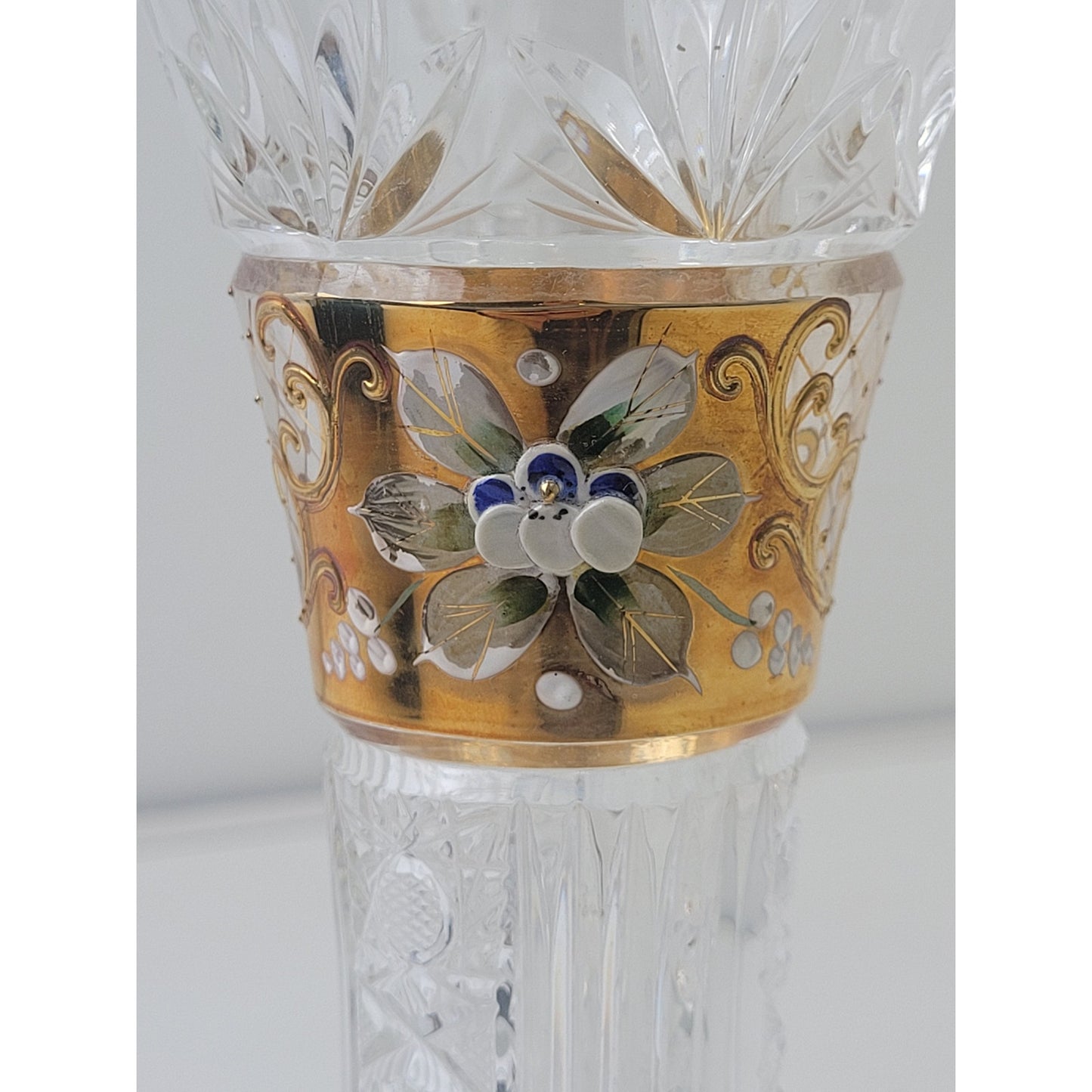 Vintage Poltar Slovakian Lead Crystal Vase Hand Cut Hand Painted 9 1/4"