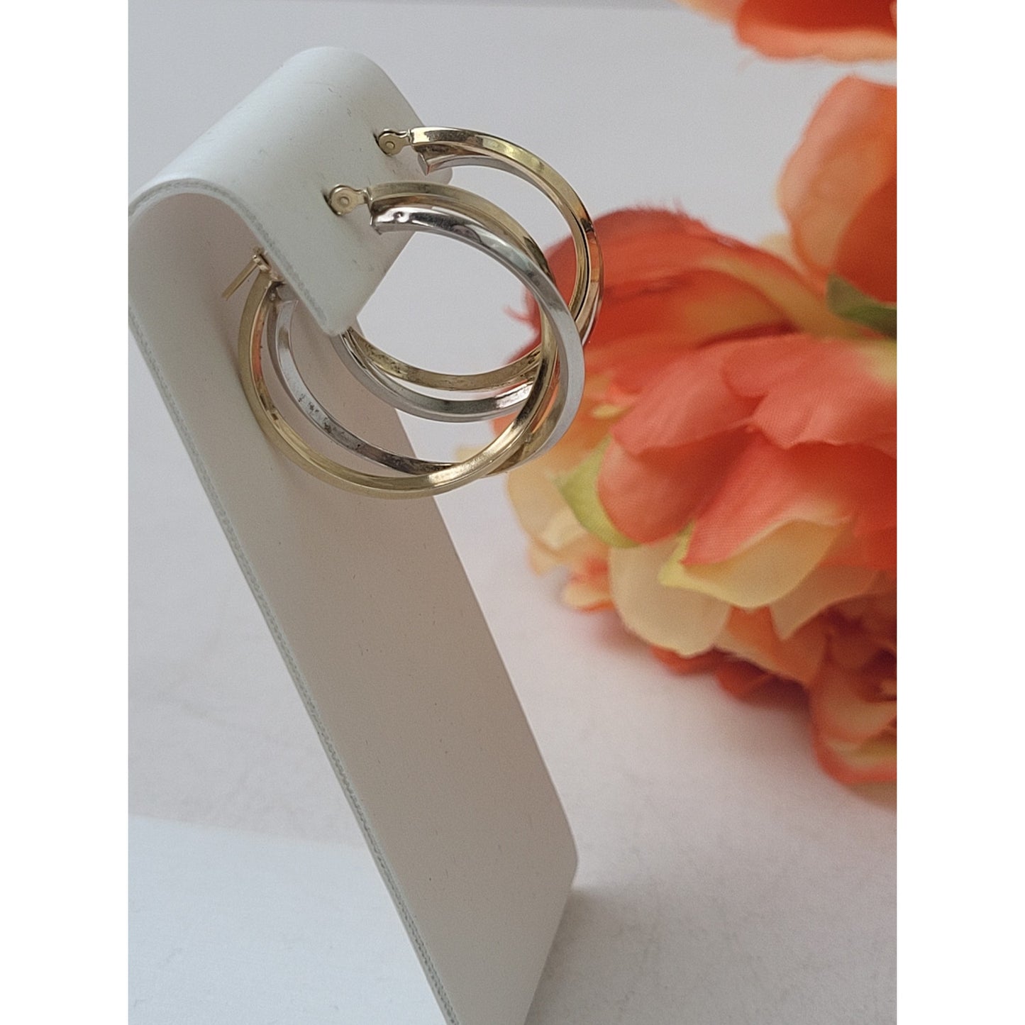 14K Yellow & White Gold Twisted Layered Overlapping Hoop Earrings | 1" Diameter