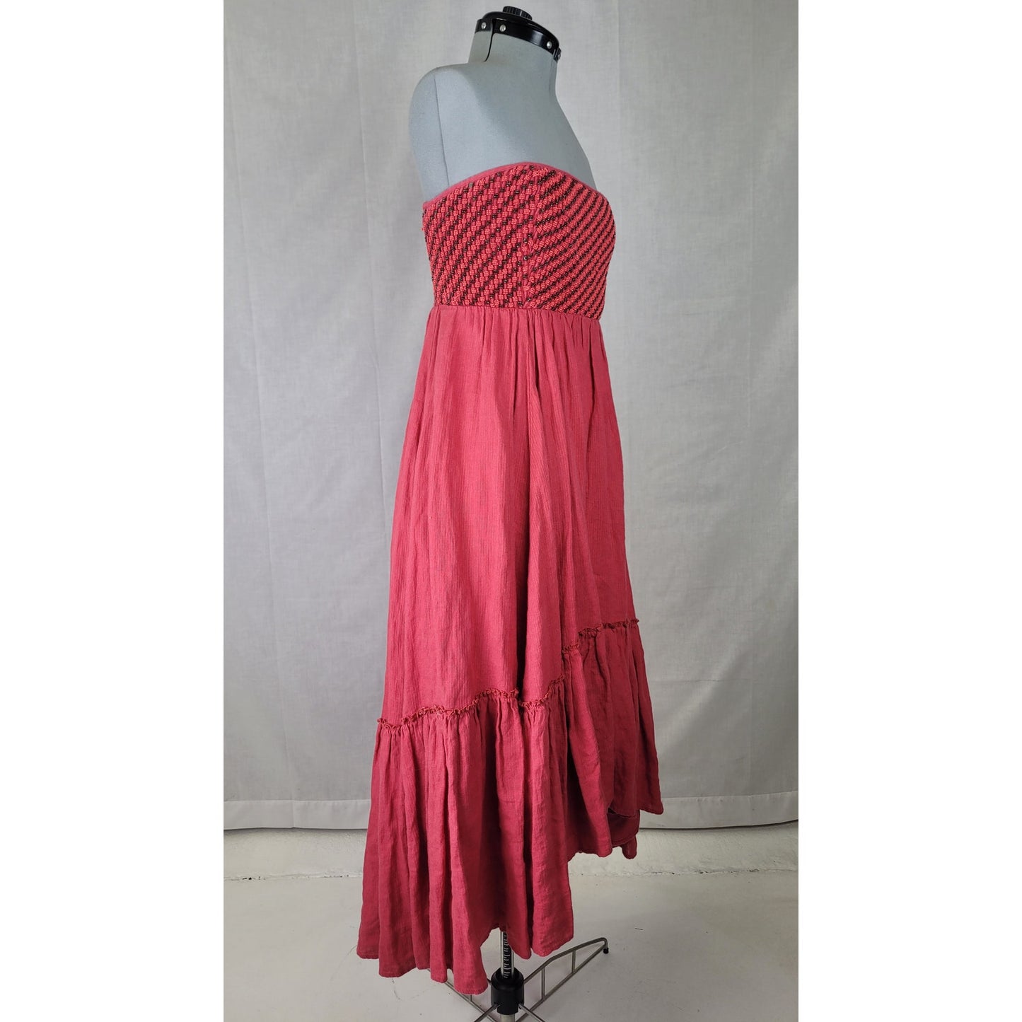 Free People Shimmers in the Sky Linen Maxi Dress Bead Embellished Bodice Sz L