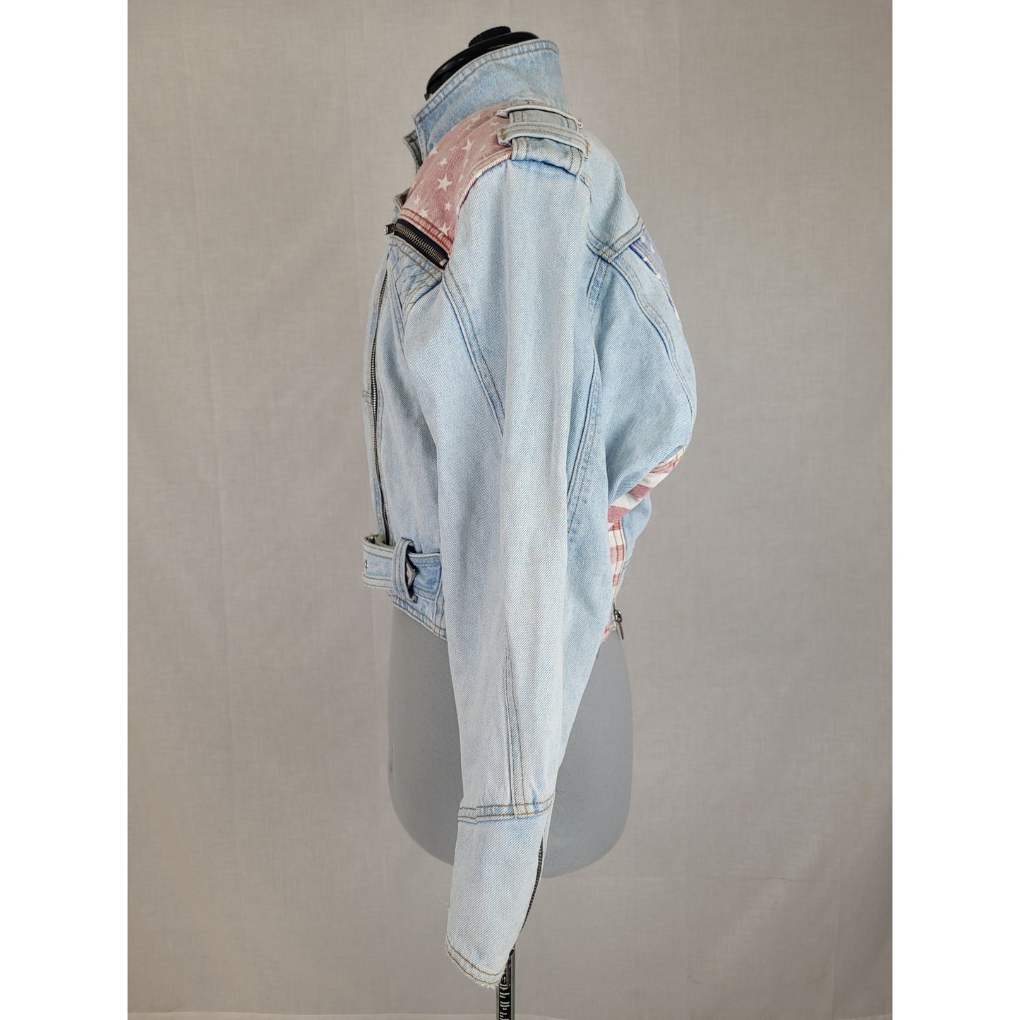 1980s VTG Cropped Denim Moto Jacket Stars Stripes Sz S/M