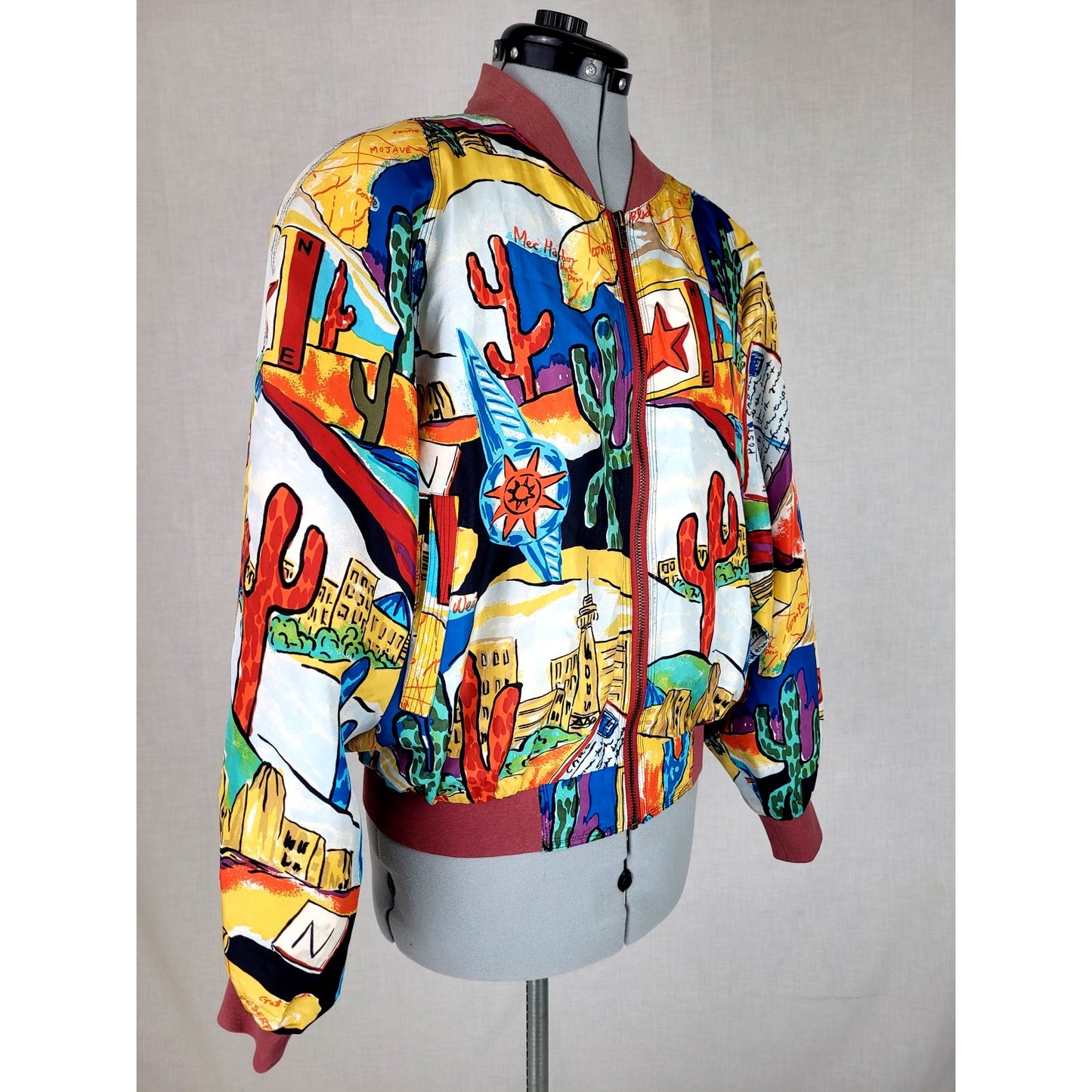VTG 90s Silk Bomber Jacket Southwest Print Women's Sz M