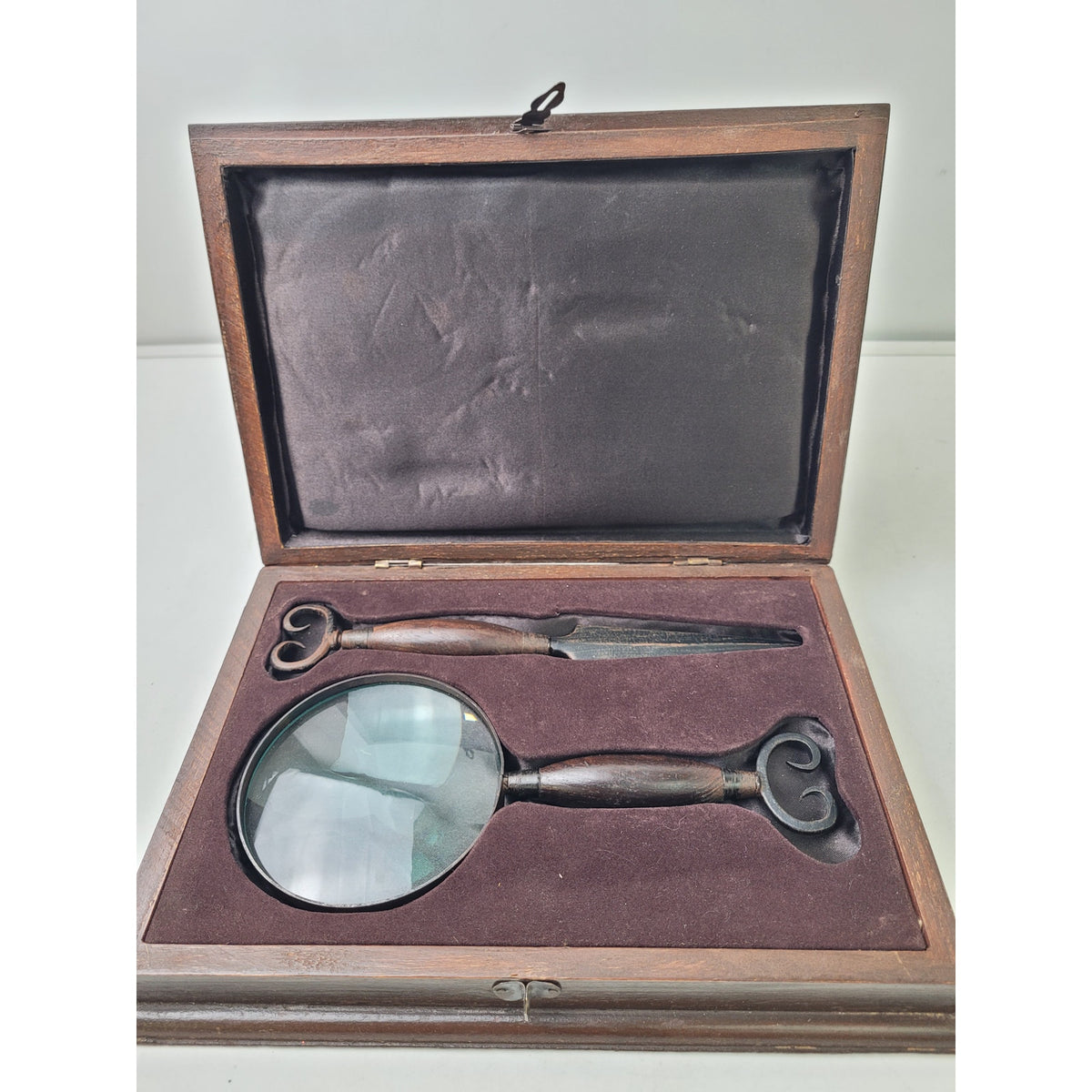 Vintage Metal & Wood Letter Opener Magnifying Glass Set in Wooden Box