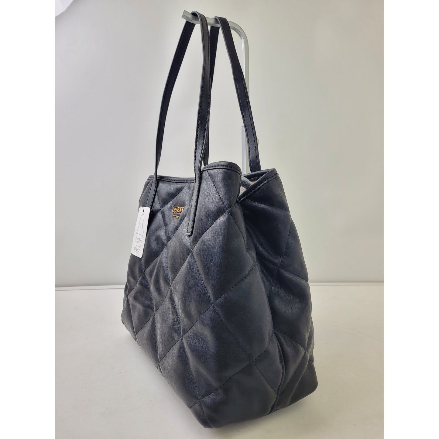 Guess Vikky Tote Handbag 2-Piece Set Black Quilted Faux Leather NWT