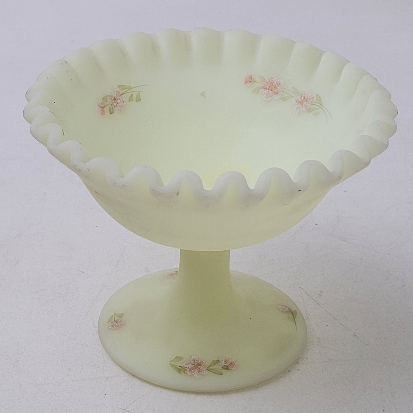 Vintage 1970s Fenton Custard Satin Small Compote Hand-Painted Artist Signed