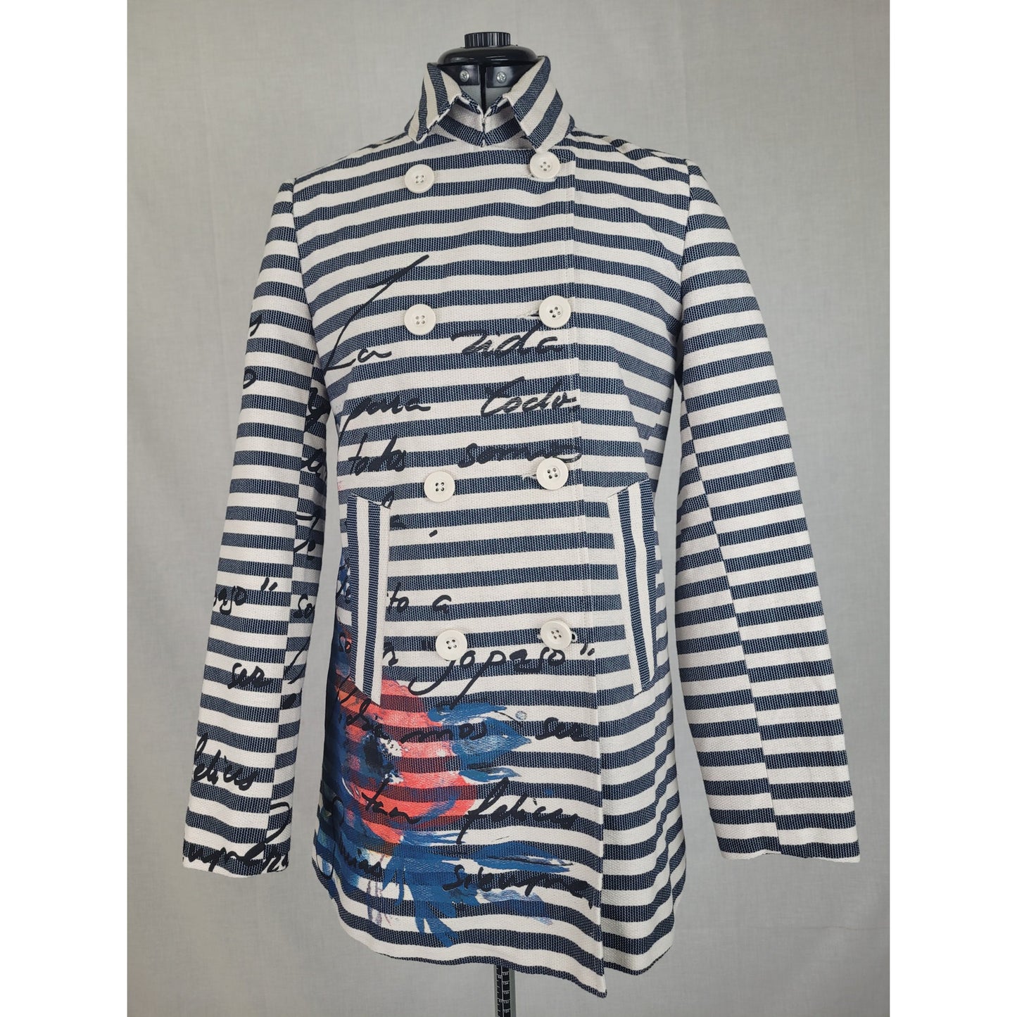 Desigual Mencia Blue & White Striped Double Breasted Blazer Floral Print Sz 38