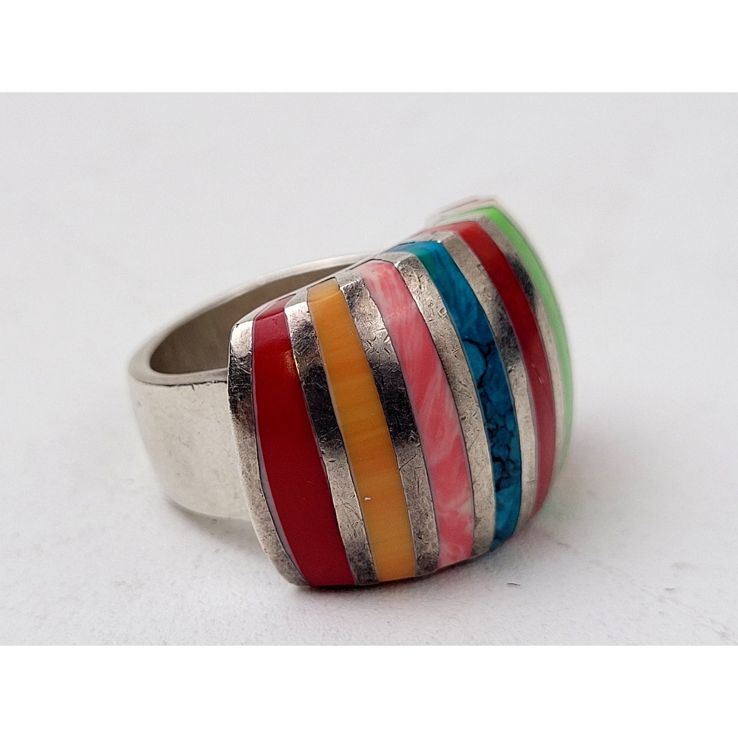 Multi-stone Heavy Thai 925 Silver Ring Native American Style Sz 7 1/4