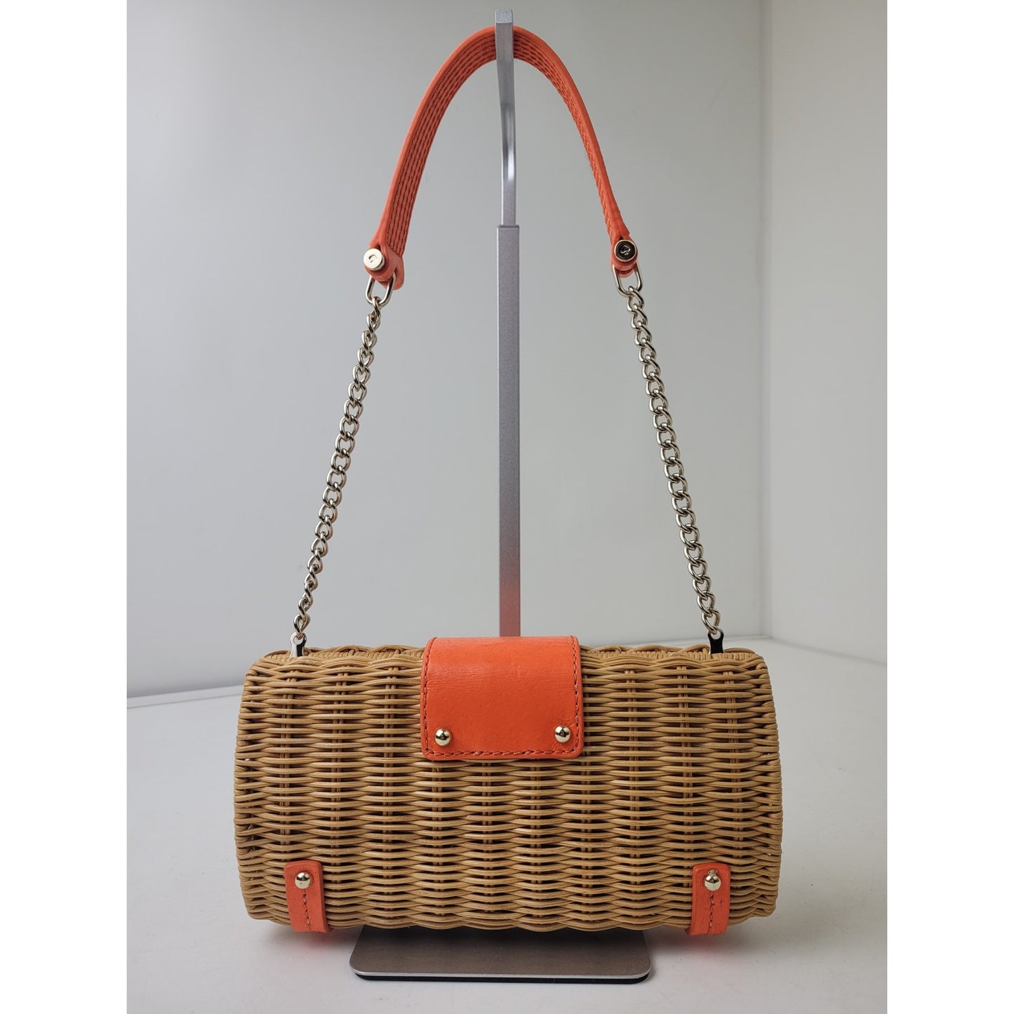 Kate Spade New York Wicker Clutch Bag Woven Rattan Orange Leather