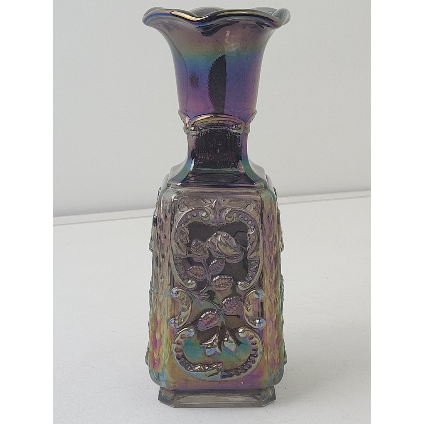 Vintage Amethyst Carnival Glass Jester & Rose Pattern Square Vase EUC