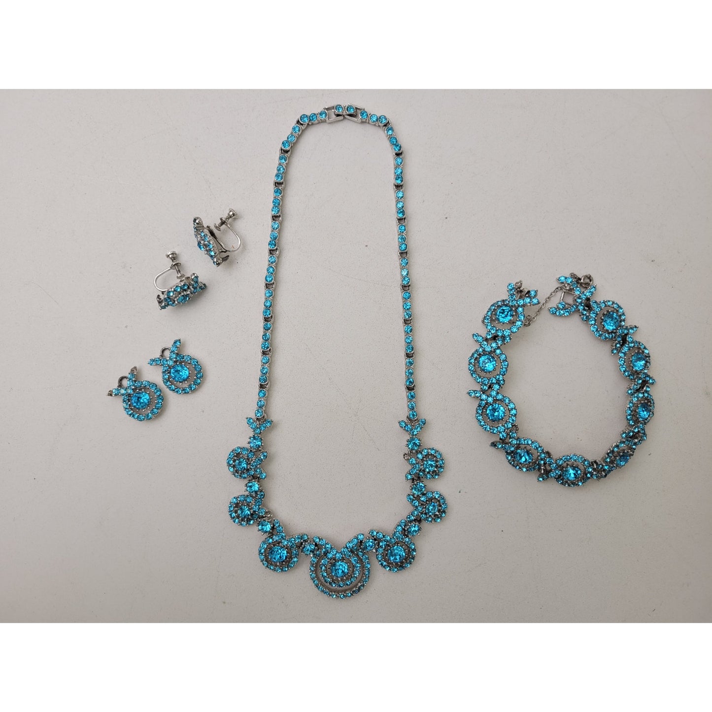 Vintage 1950s ORA Blue Rhinestone Necklace, Bracelet, & Earrings Set