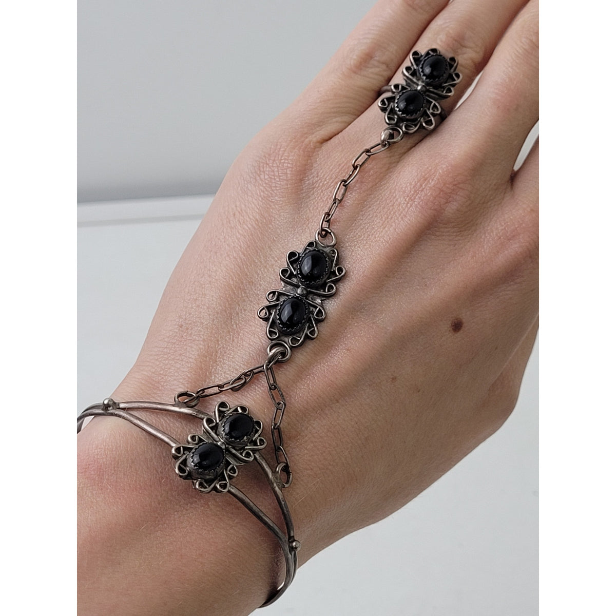 Vintage Navajo Sterling Silver Bracelet Ring Chained Set w Onyx Stones