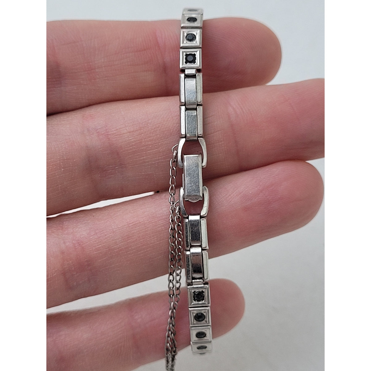 VTG Elgin 14K White Gold Wristwatch w 2 Diamonds & 22 Sapphires or Onyx | Runs