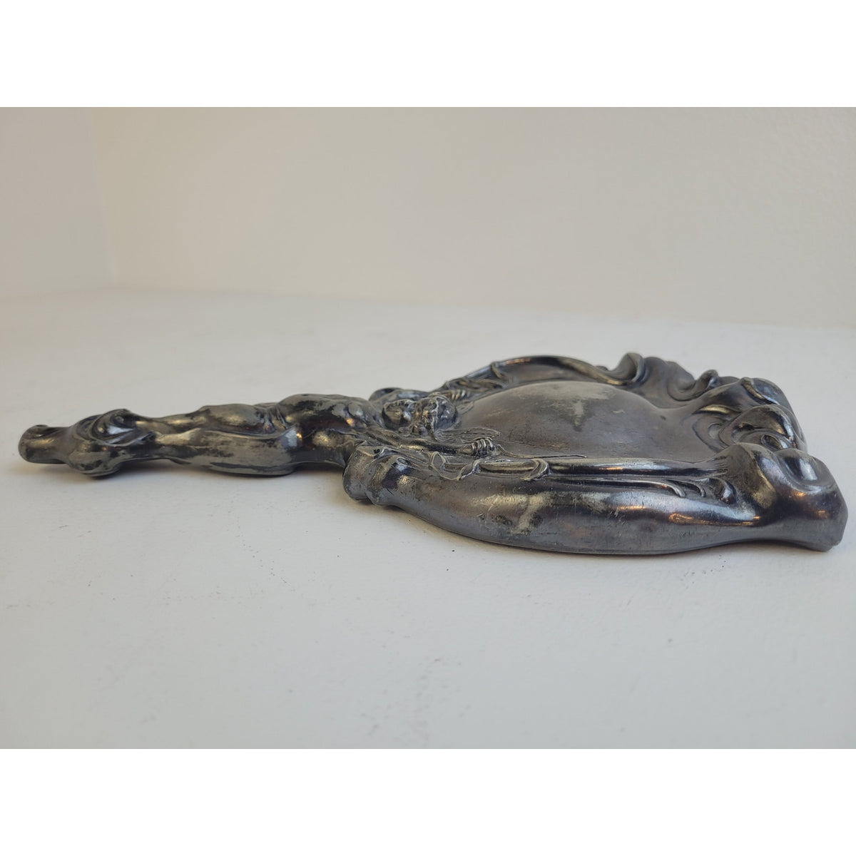 Antique Art Nouveau Silver-Plated Hand-Held Vanity Mirror Cupid & Arrow Design