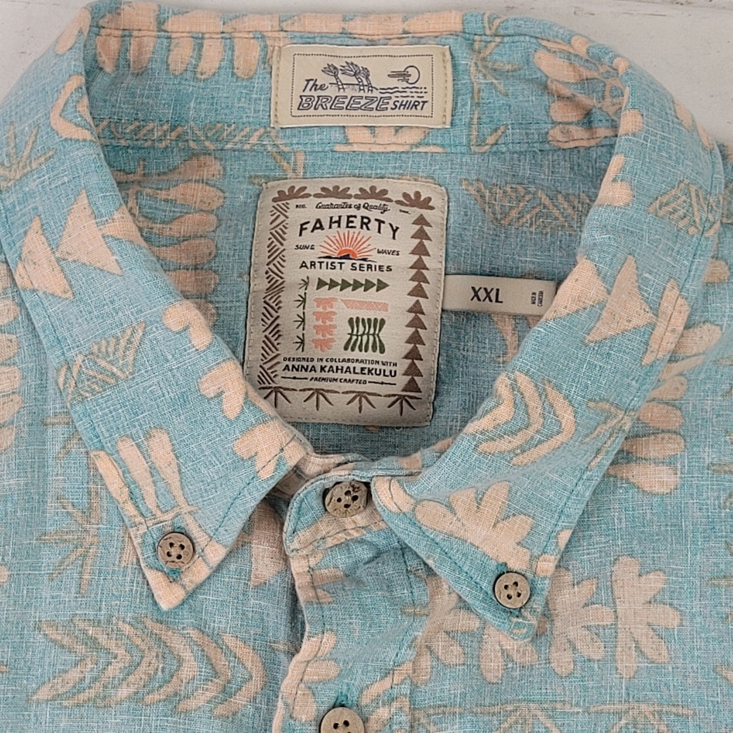 Faherty Breeze Short Sleeve Button-Down Shirt Teal Naupaka Men's Sz XXL