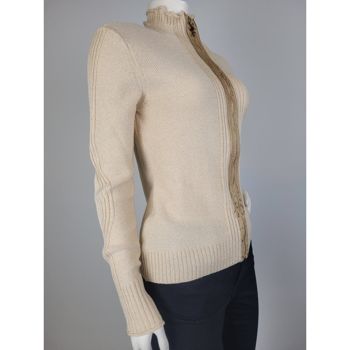 St. John Sport Full-Zip Cardigan Sweater Animal Print Trim Gold Hardware Sz S