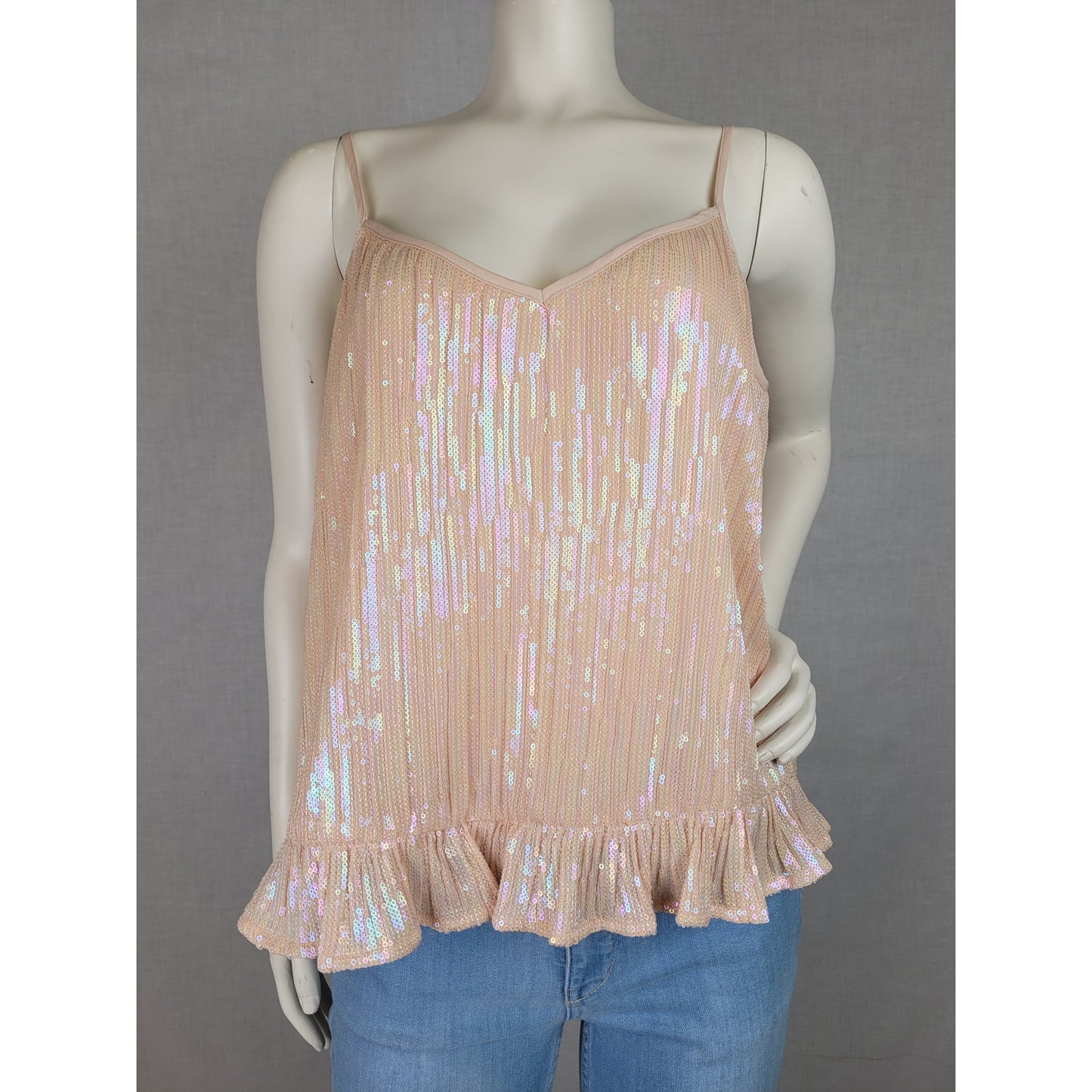 Anthropologie Amelie Iridescent Sequin Camisole Ruffled Hem Pink/Rose Sz 6 NWT