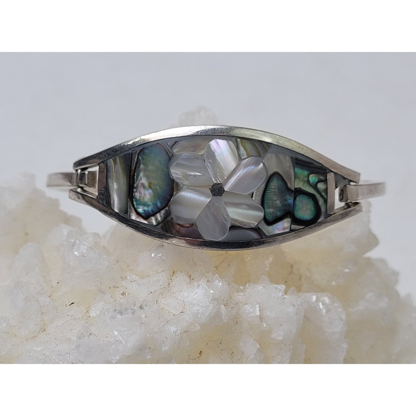 Sterling Silver Flower Design Abalone Shell Bracelet | 6 1/2" | Made in Mexico