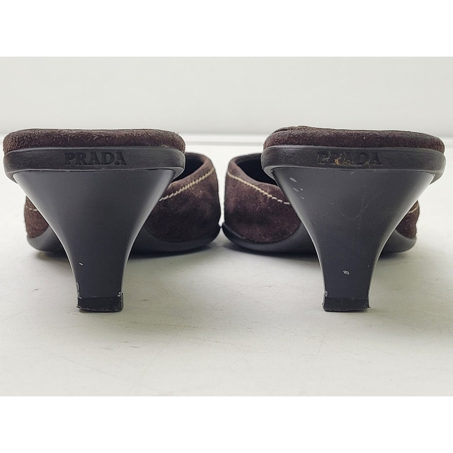 VTG PRADA Brown Suede Leather Mules Contrast Stitching Silver Hardware Sz 37.5