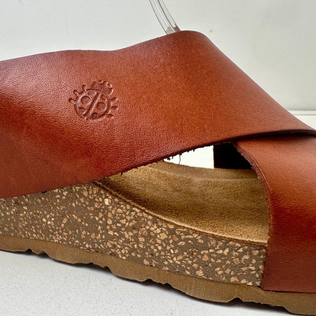 Yokono Brown Leather Criss Cross Wedge Slide Sandals Women's Sz 9