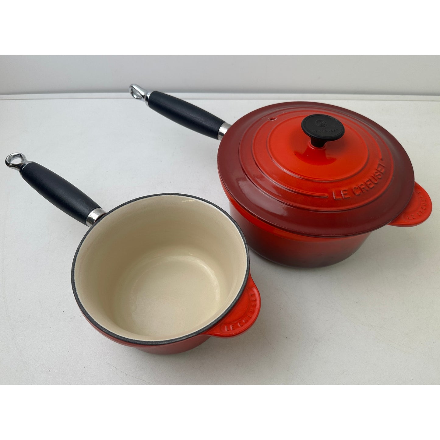 Vintage Le Creuset Red Enamel Cast Iron Saucepan Set