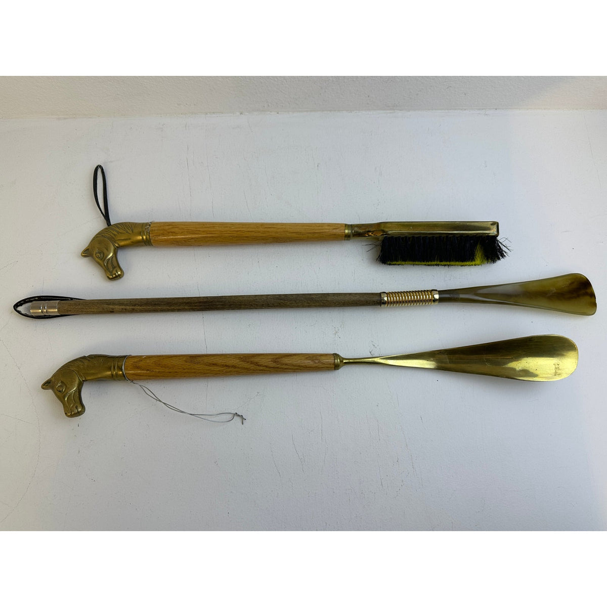 Vintage 3-Piece Equestrian Brass Horse Head Shoe Care Set