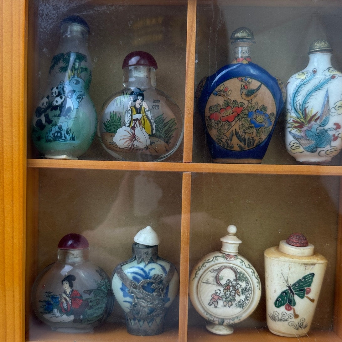 VTG Chinese Hand Painted Snuff Bottle Collection in Wooden Shadow Box