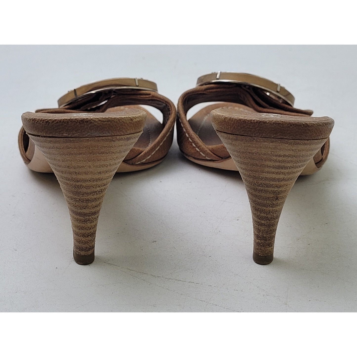 PRADA Leather Mules 3" Heeled Sandals w Wooden Buckle Sz EU 37 / US7