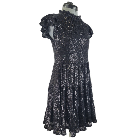 Sail to Sable Black Sequin Tiered Tunic Mini Dress Sz XXS NWT Retail $268