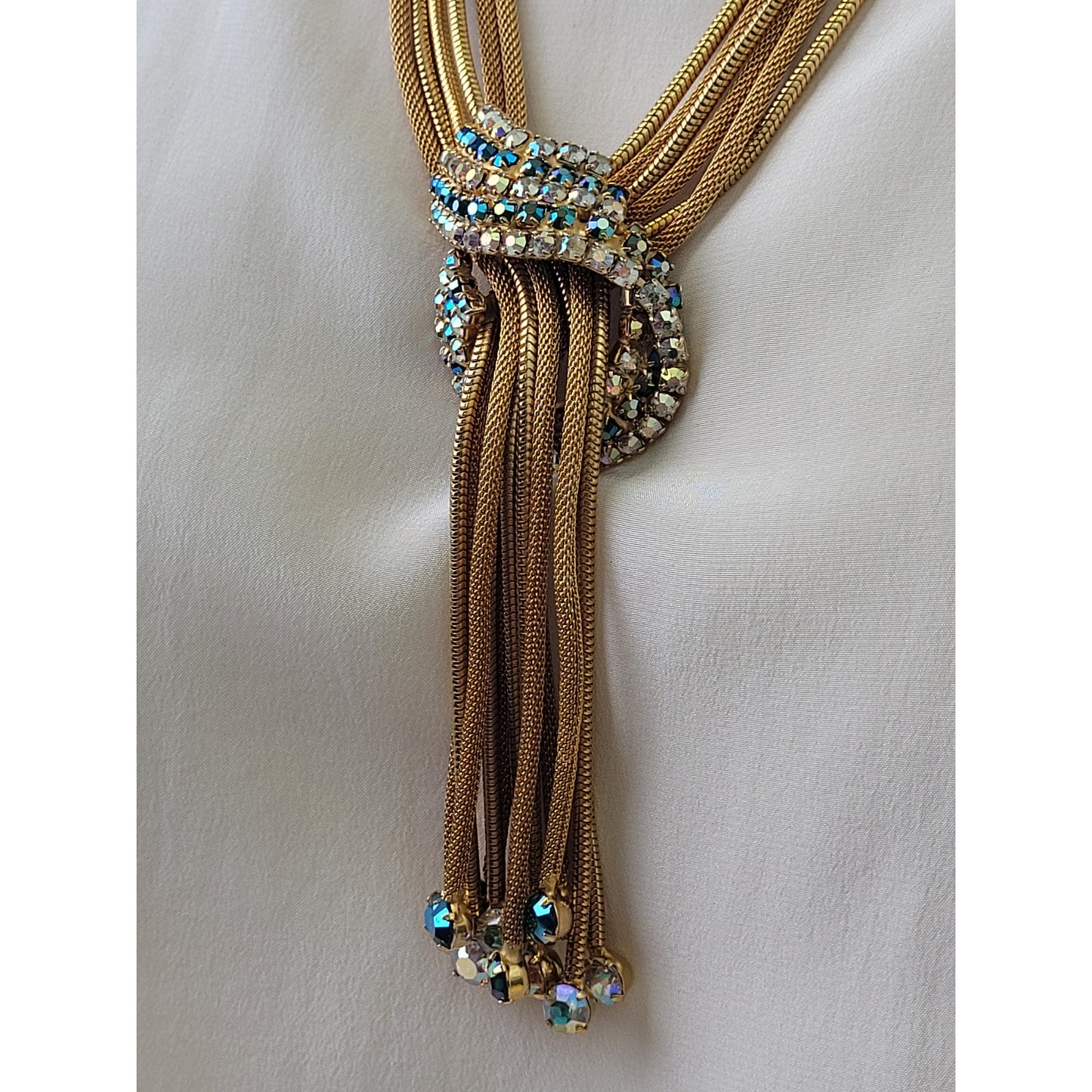 Vintage Gold-Tone Aurora Borealis Rhinestone Multi-Strand Necklace/Earrings Set