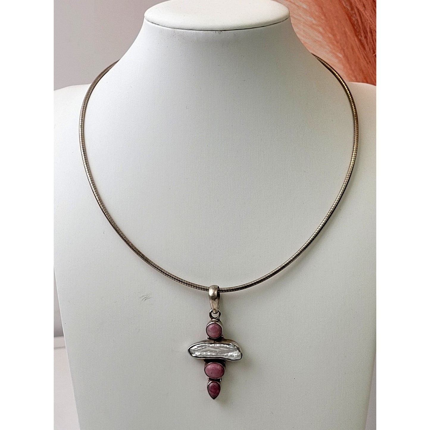 Sterling Silver Rhodocrosite & Baroque Pearl Pendant on 16" Made in Italy Chain