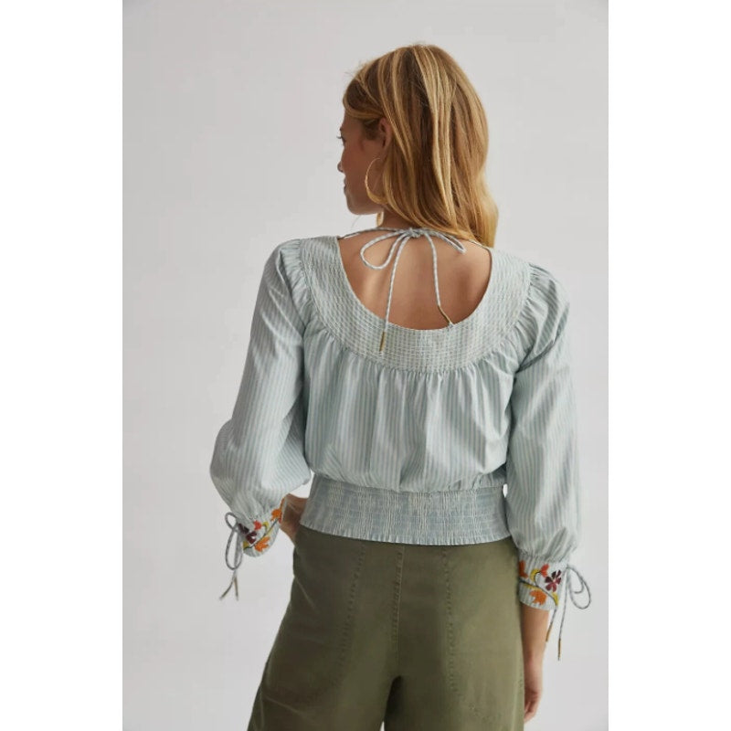 Anthropologie Beaded Bracelet Sleeved Peasant Blouse Blue & White Striped Sz S
